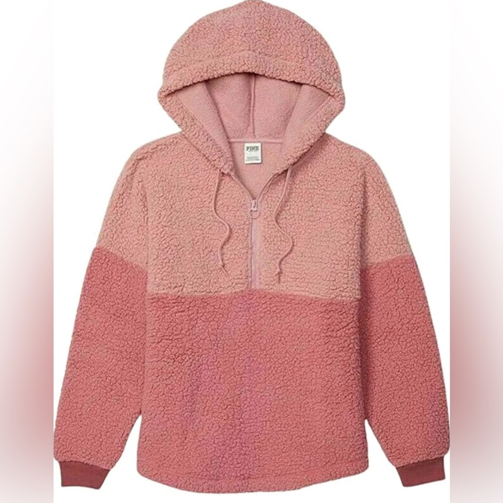 VS PINK Sherpa Half-Zip Hoodie – Rose Pink Cozy Fleece – Size XS